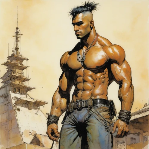 male character,wolverine,ironworker,construction worker,mohawk hairstyle,muscle man,edge muscle,siam fighter,swordsman,xing yi quan,mohawk,muscle icon,spike,african american male,bricklayer,macho,male poses for drawing,takikomi gohan,blue-collar worker,body building,Illustration,Realistic Fantasy,Realistic Fantasy 06