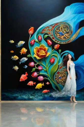wall painting,chinese art,dance with canvases,mural,chalk drawing,ulysses butterfly,meticulous painting,flower painting,art painting,girl with a dolphin,murals,woman walking,girl walking away,indigenous painting,bodypainting,glass painting,woman playing,painted wall,fairy peacock,hand painting