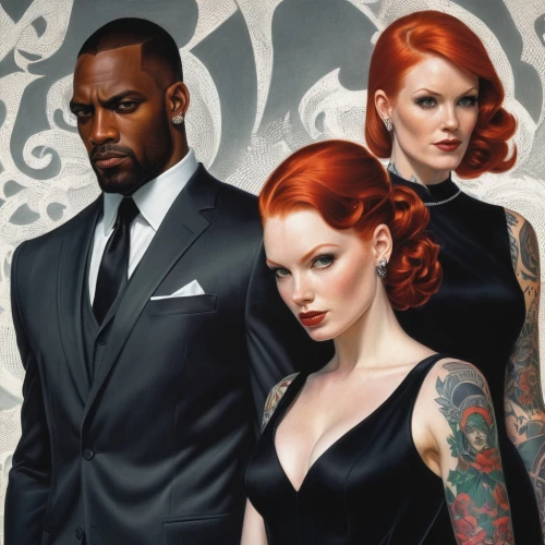 gothic portrait,gentleman icons,suits,clue and white,bond,suit of spades,rose family,black couple,sci fiction illustration,wedding icons,redheads,james bond,fashion illustration,black models,personages,ginger family,nightshade family,spy visual,two face,the game,Conceptual Art,Fantasy,Fantasy 20