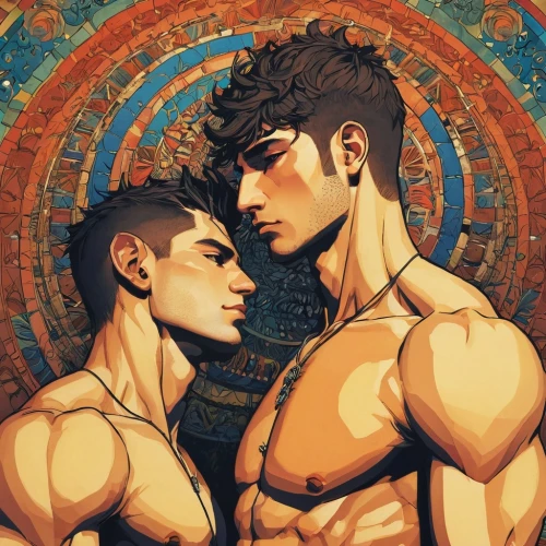 angel and devil,pankration,sun and moon,sakana,gemini,gods,two wolves,bl,father and son,two lion,father-son,double sun,cirque,eros,duo,joseph,virgos,wrestlers,man and boy,kai-lan,Illustration,Realistic Fantasy,Realistic Fantasy 12