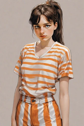 clementine,horizontal stripes,girl in overalls,retro girl,striped background,overalls,lilian gish - female,lori,png transparent,girl in t-shirt,girl with cereal bowl,bjork,sewing pattern girls,the girl in nightie,vanessa (butterfly),child girl,orange,eleven,a uniform,portrait background,Digital Art,Comic