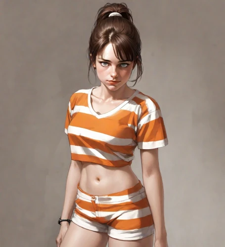 croft,tied up,horizontal stripes,girl in t-shirt,lara,prisoner,pajamas,striped background,nurse uniform,digital painting,clementine,female model,the girl in nightie,retro girl,game illustration,girl portrait,game character,lori,girl in cloth,a uniform,Digital Art,Comic