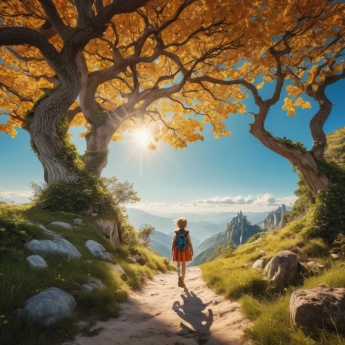 wander,fantasy picture,girl with tree,children's background,fae,the girl next to the tree,tree of life,fable,hobbit,cartoon video game background,alice in wonderland,a fairy tale,full hd wallpaper,jrr tolkien,landscape background,fantasy landscape,games of light,autumn background,3d fantasy,digital compositing,Photography,General,Realistic