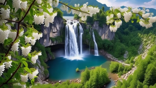 lilly of the valley,green waterfall,plitvice,waterfalls,helmcken falls,lilies of the valley,wasserfall,water fall,background view nature,landscapes beautiful,bridal veil fall,beautiful landscape,mountain spring,flower water,natural scenery,landscape background,brown waterfall,waterfall,lily of the valley,splendor of flowers,Photography,General,Realistic