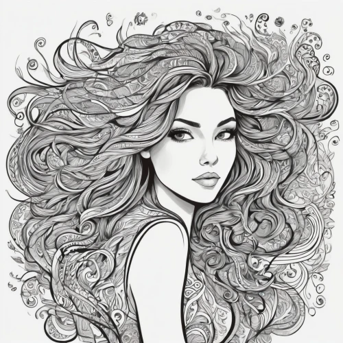fashion illustration,boho art,gypsy hair,line-art,line art,coloring page,lineart,bouffant,medusa,angel line art,fantasy portrait,mermaid vectors,fluttering hair,dryad,coloring pages,hand-drawn illustration,feathered hair,wind wave,line art wreath,pencil drawings,Illustration,Black and White,Black and White 05