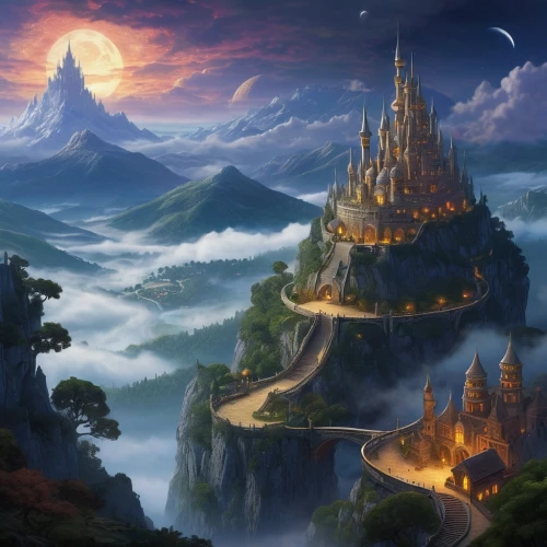 fantasy landscape,fantasy picture,fairy tale castle,fantasy world,fantasy art,fantasy city,fairytale castle,knight's castle,3d fantasy,mountain settlement,heroic fantasy,castle of the corvin,hogwarts,fairy chimney,fairy tale,dream world,fairy world,castel,dreamland,high landscape,Art,Artistic Painting,Artistic Painting 32