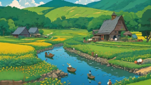 yamada's rice fields,rice fields,ricefield,rice paddies,korean folk village,salt meadow landscape,the rice field,mountain village,alpine pastures,alpine village,japan landscape,studio ghibli,villages,rice terrace,rice field,japanese alps,rural landscape,villagers,river landscape,landscape background,Illustration,Japanese style,Japanese Style 16