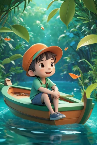 lilo,raft,cute cartoon character,raft guide,version john the fisherman,cute cartoon image,lily pad,agnes,perched on a log,paddler,little boat,fishing float,mowgli,jon boat,paper boat,tarzan,baby float,animated cartoon,underwater background,disney character,Unique,3D,3D Character