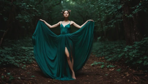 ballerina in the woods,dryad,in green,faerie,girl in a long dress,emerald,blue enchantress,sorceress,the enchantress,green dress,green,faery,secret garden of venus,green and blue,elven forest,anahata,rusalka,green mermaid scale,conceptual photography,blue and green,Photography,Documentary Photography,Documentary Photography 08