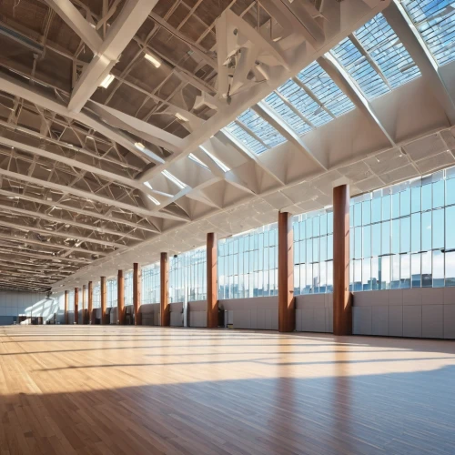 daylighting,factory hall,performance hall,hardwood floors,empty hall,conference hall,field house,hall roof,function hall,indoor games and sports,skating rink,loft,structural glass,event venue,conference room,wooden beams,concert hall,laminated wood,leisure facility,wood flooring,Photography,General,Realistic