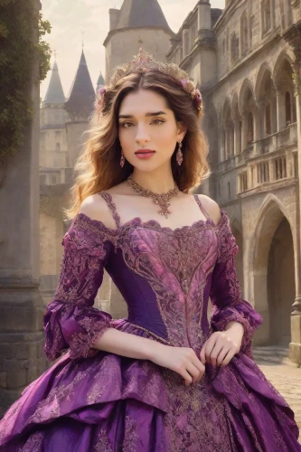 la violetta,princess sofia,aubrietien,cinderella,a princess,rapunzel,ball gown,verbena,viola,purple rizantém,fairytale,hoopskirt,girl in a historic way,versailles,victorian lady,fairy tale character,enchanting,purple dress,fairy tale,a fairy tale,Photography,Realistic