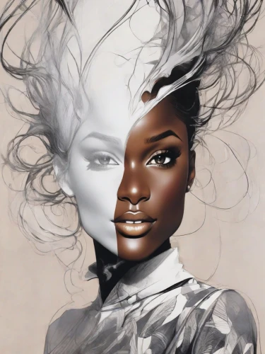 fashion illustration,silver surfer,artificial hair integrations,airbrushed,black woman,silvery,black skin,fashion vector,african american woman,illustrator,sci fiction illustration,white lady,adobe illustrator,drawing mannequin,aluminium foil,pastel paper,french silk,pencil drawings,aluminum foil,paper art