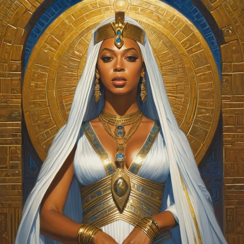 cleopatra,priestess,pharaoh,ancient egyptian girl,goddess of justice,pharaonic,sacred art,the prophet mary,african american woman,queen,nile,black woman,ancient egyptian,deity,queen bee,queen cage,mary-gold,golden crown,black women,african woman,Illustration,Realistic Fantasy,Realistic Fantasy 03