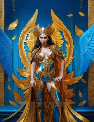 archangel,baroque angel,fantasy art,goddess of justice,blue enchantress,the archangel,fantasy woman,priestess,zodiac sign libra,cleopatra,fantasy picture,fire angel,heroic fantasy,golden crown,athena,gold wall,angel,uriel,garuda,angels of the apocalypse