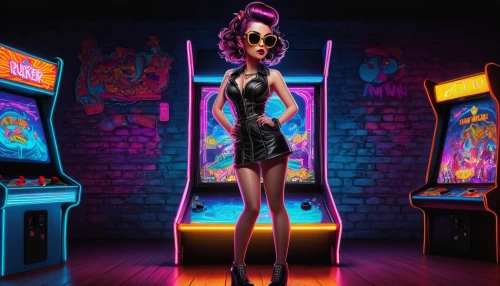 arcade game,pinball,arcade,arcade games,video game arcade cabinet,skee ball,rockabella,neon lights,slot machines,neon candies,neon light,neo-burlesque,jukebox,black light,retro girl,arcades,dollhouse,sega genesis,diamondoid,neon carnival brasil,Illustration,American Style,American Style 08