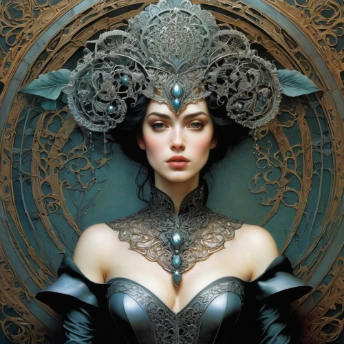 the enchantress,fantasy woman,sorceress,queen of the night,priestess,lotus with hands,fantasy portrait,fantasy art,dark elf,goddess of justice,art nouveau,heroic fantasy,breastplate,queen cage,cleopatra,jaya,dark angel,cybele,artemisia,headpiece,Illustration,Realistic Fantasy,Realistic Fantasy 05