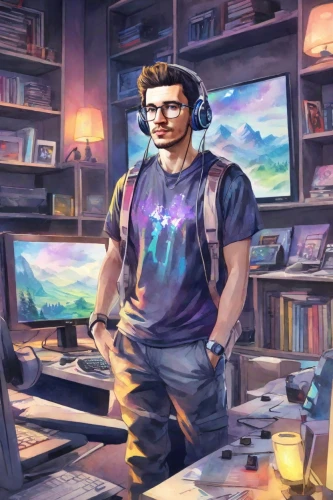 librarian,dj,twitch icon,twitch logo,academic,scholar,gamer,tutoring,man with a computer,spevavý,twitch,mini e,nerd,tutor,fan art,author,gamer zone,streamer,teacher,the community manager,Digital Art,Watercolor