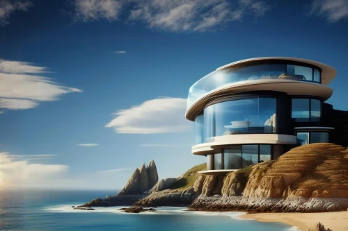 dunes house,futuristic architecture,beach house,house of the sea,luxury property,futuristic landscape,floating island,beachhouse,cubic house,modern architecture,cliffs ocean,beautiful home,luxury real estate,tropical house,ocean view,island suspended,house by the water,modern house,luxury home,penthouse apartment