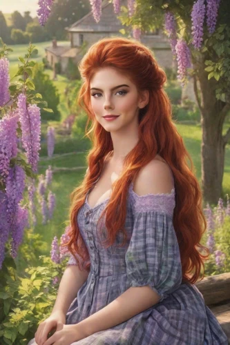 celtic woman,rapunzel,maureen o'hara - female,celtic queen,la violetta,princess sofia,cinderella,princess anna,fantasy picture,fae,fantasy woman,the lavender flower,fairy tale character,a charming woman,beautiful girl with flowers,daphne,girl in the garden,fantasy portrait,tiana,rose png,Photography,Realistic