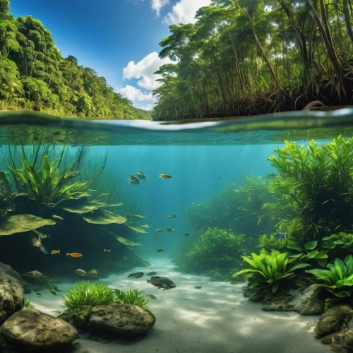 underwater landscape,underwater oasis,aquatic plants,ocean underwater,mangroves,aquatic plant,eastern mangroves,shallows,underwater world,tropical sea,underwater background,green water,green trees with water,tropical jungle,waterscape,water scape,calm water,tropical greens,tropical and subtropical coniferous forests,water plants,Photography,General,Realistic