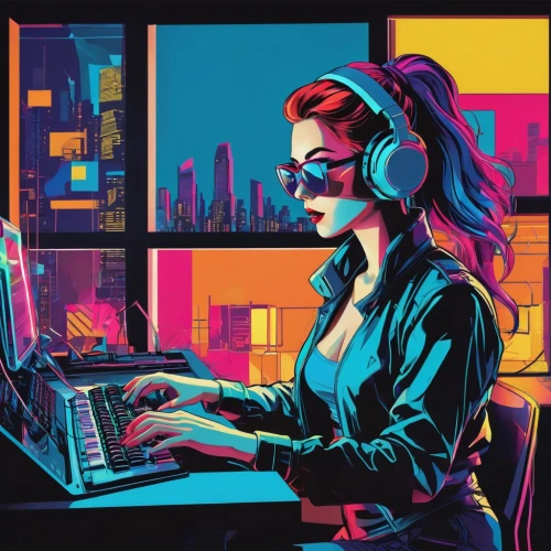 girl at the computer,wpap,vector illustration,women in technology,telephone operator,vector art,synclavier,spotify icon,computer icon,music producer,switchboard operator,night administrator,computer addiction,vector graphic,retro woman,game illustration,disk jockey,synthesizer,adobe illustrator,composer,Art,Artistic Painting,Artistic Painting 44