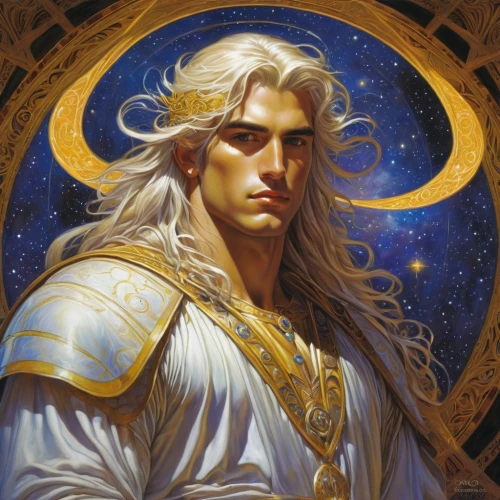 male elf,zodiac sign libra,fantasy portrait,heroic fantasy,libra,zodiac sign leo,helios,alaunt,herfstanemoon,elven,htt pléthore,uriel,merlin,apollo,fantasy art,golden haired,lokportrait,leo,horn of amaltheia,melchior,Illustration,Realistic Fantasy,Realistic Fantasy 03