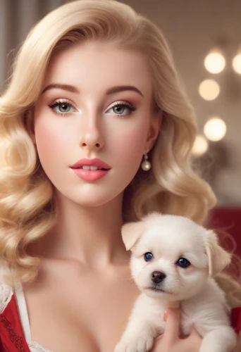 blonde girl with christmas gift,girl with dog,female doll,realdoll,japanese spitz,doll's facial features,fashion dolls,indian spitz,barbie,barbie doll,blonde woman,blonde dog,christmas dolls,blond girl,porcelain dolls,white shepherd,american eskimo dog,white dog,blonde girl,poodle crossbreed,Photography,Commercial