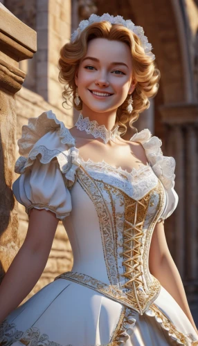 cinderella,victorian lady,a charming woman,hoopskirt,tiana,bridal clothing,venetia,white lady,ball gown,bridal dress,rococo,a girl's smile,bodice,fairy tale character,rapunzel,overskirt,bridal,crinoline,suit of the snow maiden,princess anna,Unique,3D,3D Character