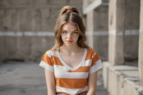 girl in t-shirt,orange color,orange,striped background,female model,young woman,young model istanbul,photo session in torn clothes,orange half,cotton top,pippi longstocking,bright orange,girl in a long,polo shirt,isolated t-shirt,orange cream,cinnamon girl,horizontal stripes,beautiful young woman,rust-orange,Photography,Natural