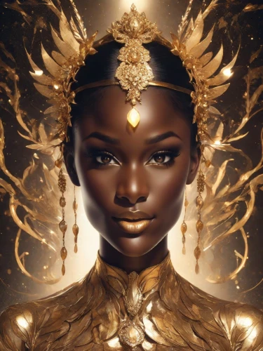 golden crown,gold crown,golden mask,gold mask,golden wreath,gold filigree,african woman,mary-gold,gold leaf,gold jewelry,fantasy portrait,radiance,queen crown,african american woman,cleopatra,yellow-gold,mystical portrait of a girl,masquerade,crowned,gold foil crown