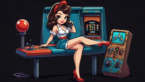 retro girl,retro pin up girl,retro pin up girls,pin up girl,telephone operator,pin-up girl,retro woman,pin up,pin ups,retro women,pin up girls,pin-up girls,pin-up,pinup girl,joystick,game illustration,video game arcade cabinet,telephone,slot machines,arcade game,Illustration,American Style,American Style 13