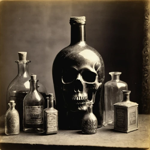 apothecary,poison bottle,potions,laboratory flask,still life photography,memento mori,poisoning,medicinal products,medicinal materials,medicine icon,empty bottle,still-life,still life,vintage skeleton,reagents,alternative medicine,tincture,death's-head,medical waste,vials,Photography,Black and white photography,Black and White Photography 15