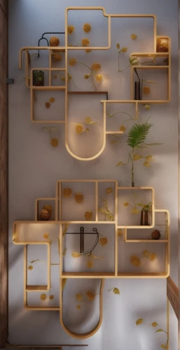 plate shelf,room divider,wall lamp,gold wall,gold foil shapes,dish storage,ceiling light,tealight,wooden cubes,gold paint stroke,shelving,modern decor,bookshelf,wall decoration,wall light,gold foil tree of life,ornamental dividers,wooden shelf,ceiling fixture,egg tray,Photography,General,Realistic