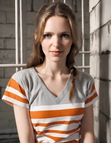 striped background,horizontal stripes,stripes,madeleine,british actress,girl in t-shirt,pigtail,polo shirt,striped,pippi longstocking,orange,in a shirt,adorable,cute,smirk,brittany,hollywood actress,pretty young woman,tee,raggedy ann,Photography,Natural