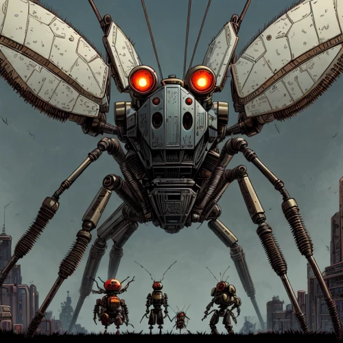 sci fiction illustration,game illustration,artificial fly,drone bee,mecha,mech,steampunk,robot combat,cybernetics,robot icon,sci fi,airships,district 9,robots,game art,detonator,colony,sci - fi,sci-fi,robotic