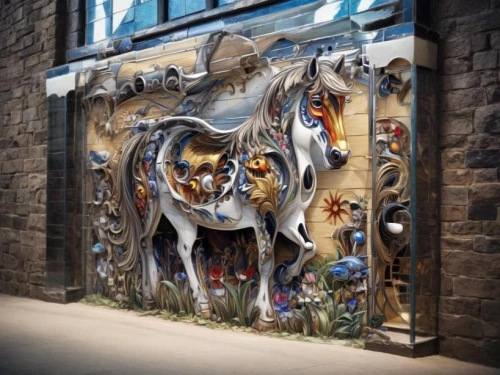 painted horse,glass painting,mural,unicorn art,horse stable,carousel horse,public art,cowshed,david bates,wall painting,oxen,universal exhibition of paris,urban street art,steel door,streetart,a museum exhibit,street art,animal zoo,murals,stables