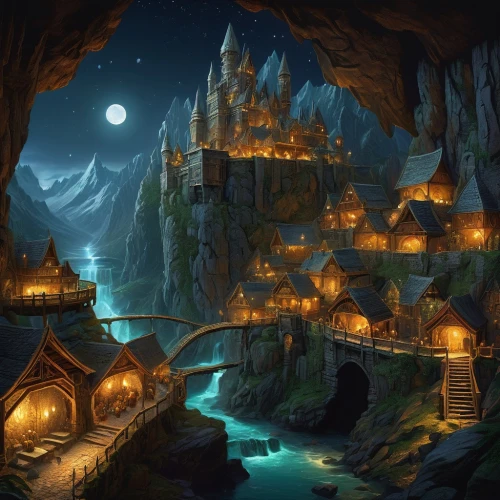 fantasy landscape,mountain settlement,fantasy picture,alpine village,fantasy art,aurora village,night scene,fairy village,knight village,mountain village,medieval town,fantasy city,ancient city,dungeons,arcanum,escher village,fantasy world,northrend,devilwood,fairy tale castle,Art,Artistic Painting,Artistic Painting 32