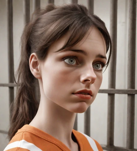 prisoner,clementine,orange,portrait of a girl,girl portrait,the girl's face,doll's facial features,burglary,realdoll,orla,isabel,prison,young woman,worried girl,detention,orange color,piper,teen,beautiful face,orange eyes,Photography,Natural