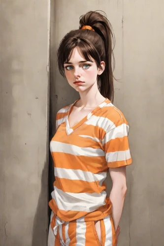 clementine,prisoner,lori,horizontal stripes,prison,rockabella,eleven,child girl,detention,nora,vanessa (butterfly),striped background,orange,pajamas,digital painting,kosmea,noodle image,mime,worried girl,honmei choco,Digital Art,Comic