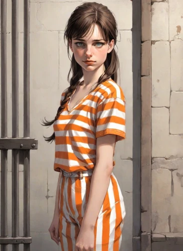 prisoner,chainlink,prison,horizontal stripes,orange,tied up,striped background,detention,striped,clementine,stripes,handcuffed,rockabella,mime,liberty cotton,orange robes,piko,digital painting,girl in a historic way,jumpsuit,Digital Art,Comic