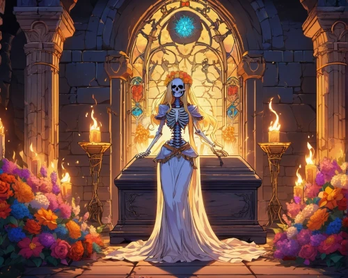 dead bride,bridal,cinderella,masquerade,hall of the fallen,fantasy picture,widow flower,rapunzel,priestess,fantasy portrait,mother of the bride,bride,blue enchantress,candlelight,hc,dia de los muertos,frame flora,halloween background,silver wedding,halloween illustration,Unique,Pixel,Pixel 05