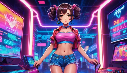 retro girl,game illustration,anime 3d,arcade,cyber,sega,hong,anime japanese clothing,arcade games,cyberpunk,roller skating,hk,arcade game,maya,anime girl,sega genesis,game art,tracer,siu mei,80s,Illustration,Japanese style,Japanese Style 03