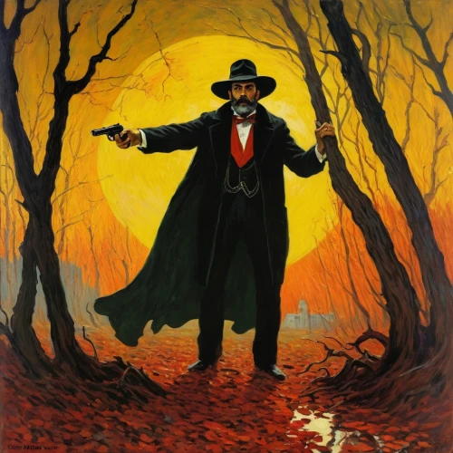 bram stoker,halloween poster,guy fawkes,pilgrim,dracula,danse macabre,the wanderer,scarecrow,gunfighter,magician,dodge warlock,scythe,mystery book cover,frock coat,dance of death,count,fiddler,holmes,investigator,conductor,Art,Artistic Painting,Artistic Painting 04