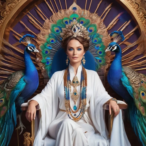peacock,brazilian monarchy,the prophet mary,blue peacock,priestess,orientalism,garuda,fairy peacock,doves of peace,dove of peace,sacred art,queen crown,goddess of justice,deity,cepora judith,queen,queen of the night,shamanic,the archangel,crow queen,Illustration,Realistic Fantasy,Realistic Fantasy 20