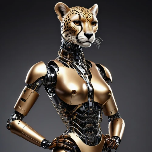 cheetah,cougar,jaguar,geometrical cougar,royal tiger,cybernetics,anthropomorphized animals,canis panther,c-3po,metal figure,armored animal,panther,humanoid,animal figure,leopard,chat bot,feline,liger,feline look,animal feline