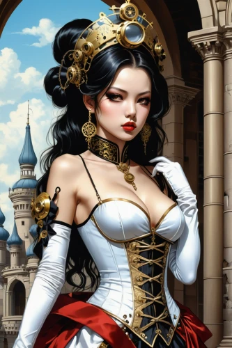 queen of hearts,fantasy art,oriental princess,fantasy woman,gothic portrait,fantasy portrait,victorian lady,gothic woman,celtic queen,fantasy picture,bodice,priestess,sorceress,comely,fairy tale character,gothic fashion,steampunk,snow white,heroic fantasy,fantasy girl,Illustration,Realistic Fantasy,Realistic Fantasy 10