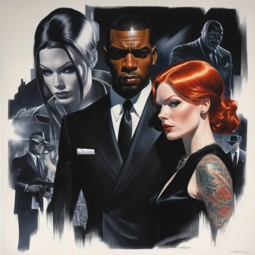 gentleman icons,agent 13,clue and white,bond,business icons,agent,mobster couple,spy visual,james bond,two face,gothic portrait,the game,sci fiction illustration,spy,personages,a black man on a suit,bodyguard,black couple,game characters,secret agent,Conceptual Art,Fantasy,Fantasy 20