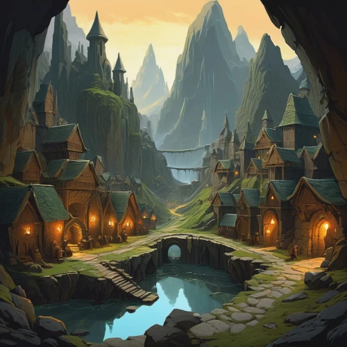 mountain settlement,fantasy landscape,cartoon video game background,fairy village,alpine village,druid grove,devilwood,mountain village,backgrounds,dungeons,knight village,northrend,ancient city,aurora village,monkey island,karst landscape,ravine,game illustration,cave on the water,witch's house,Art,Artistic Painting,Artistic Painting 28