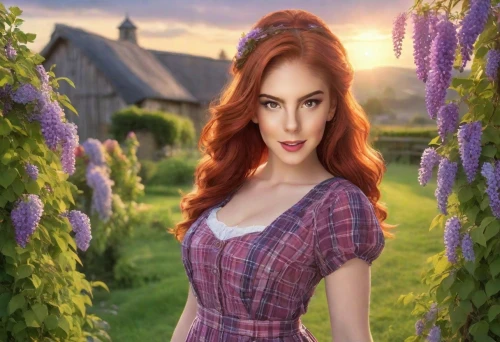 celtic woman,the lavender flower,redhead doll,fantasy picture,fantasy woman,redheads,celtic queen,farm girl,girl in the garden,redhair,red-haired,la violetta,rapunzel,country dress,clove garden,redheaded,beautiful girl with flowers,meadow,lavender fields,enchanting,Photography,Realistic