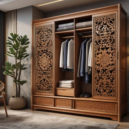 armoire,walk-in closet,room divider,wardrobe,patterned wood decoration,china cabinet,closet,dresser,chinese screen,cabinetry,storage cabinet,barong,ethnic design,women's closet,cupboard,interior decoration,ornate room,cabinet,chiffonier,dressing table,Photography,General,Natural